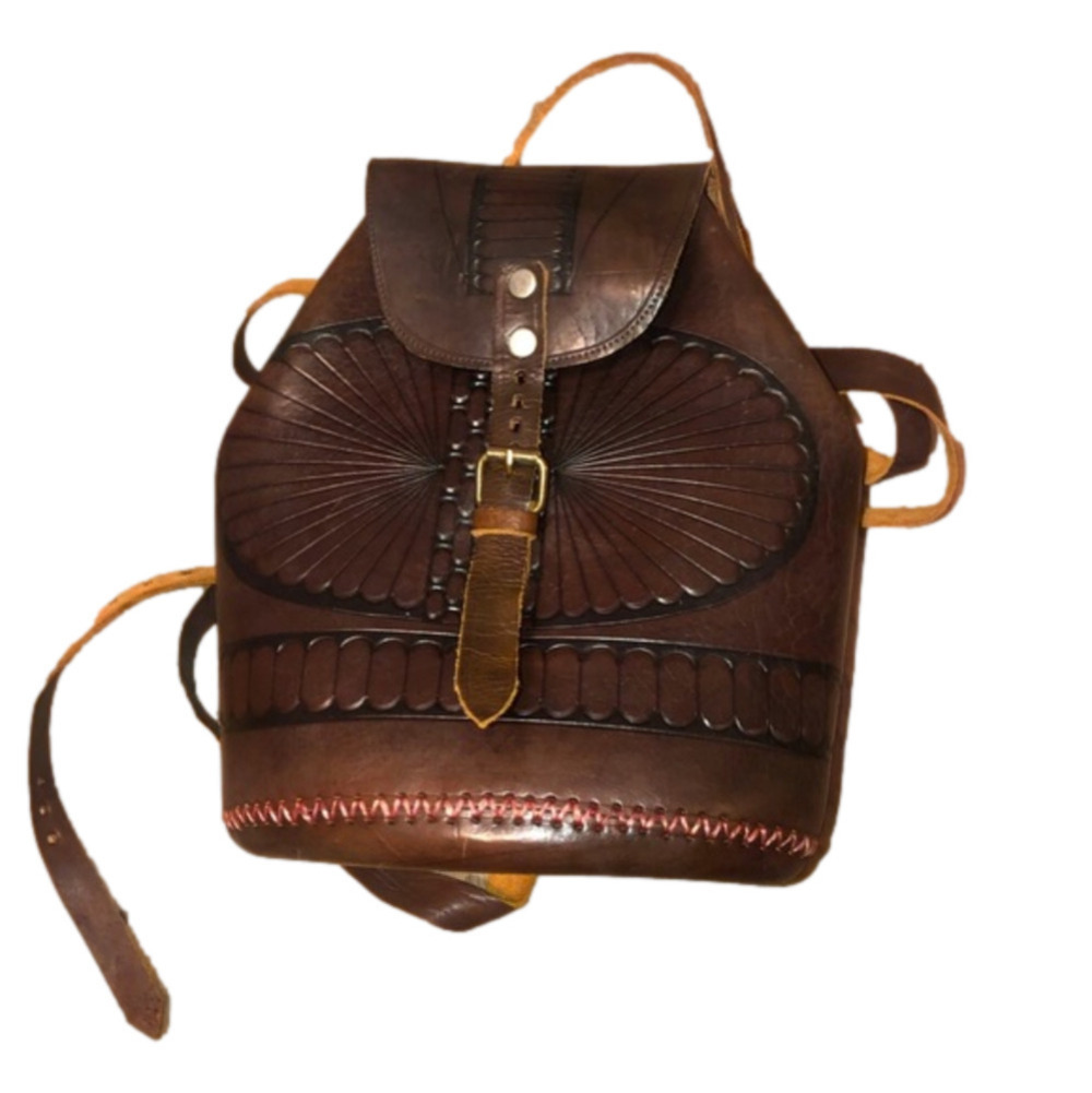 VTG Leather Mini BackPack Buckles Long Straps Tooled Starburst Pattern